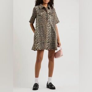 Ganni Leopard Printed Denim Mini Dress